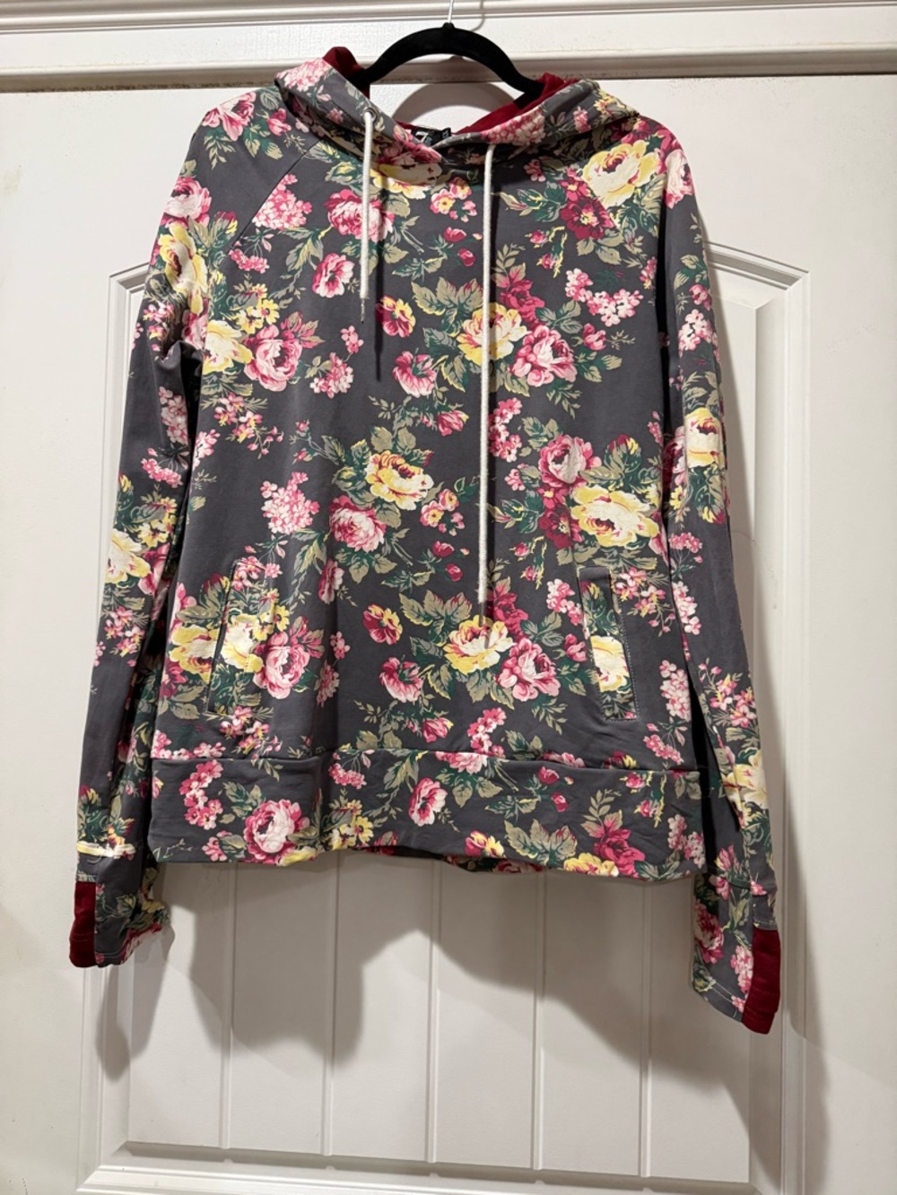 Gray Floral Hooded Sweatshirt with Pink & Yellow Blooms